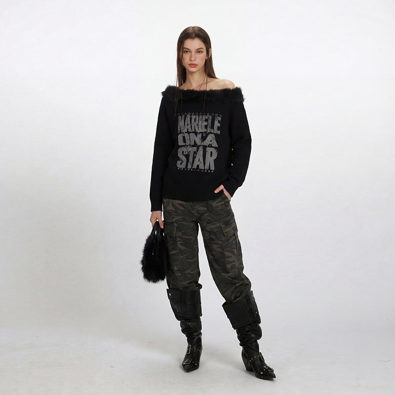 Off-shoulder fur collar knitwear | 2 color