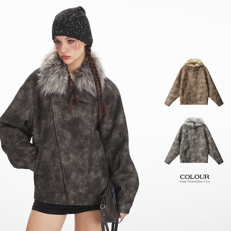 Vintage suede jacket with fur collar | 2 color