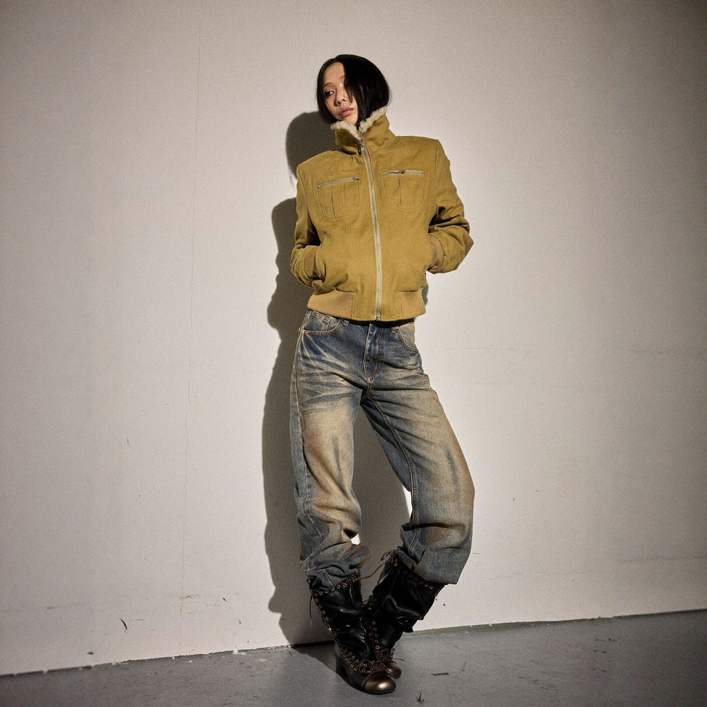 Pokiovo Fleece Collar Cropped Padded Jacket