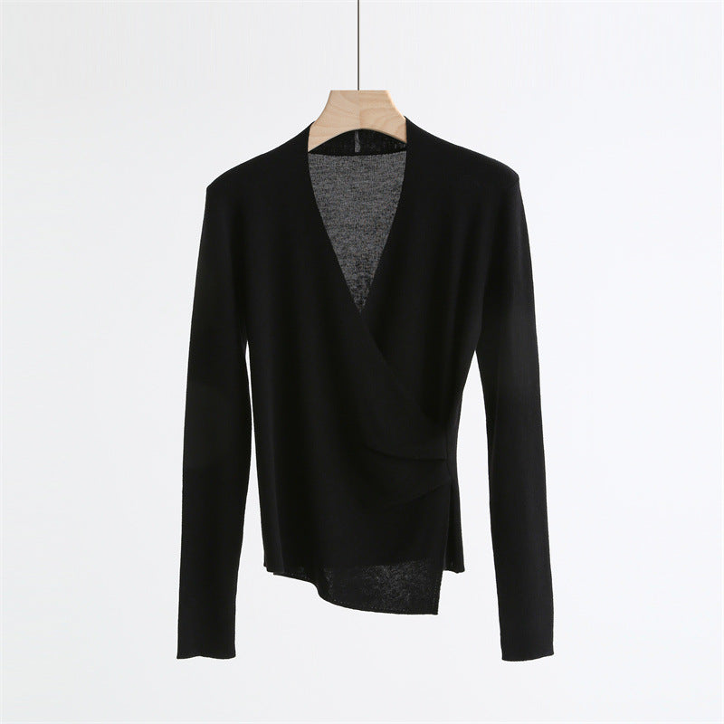 Wrap-Front Wool Blend V-Neck Sweater