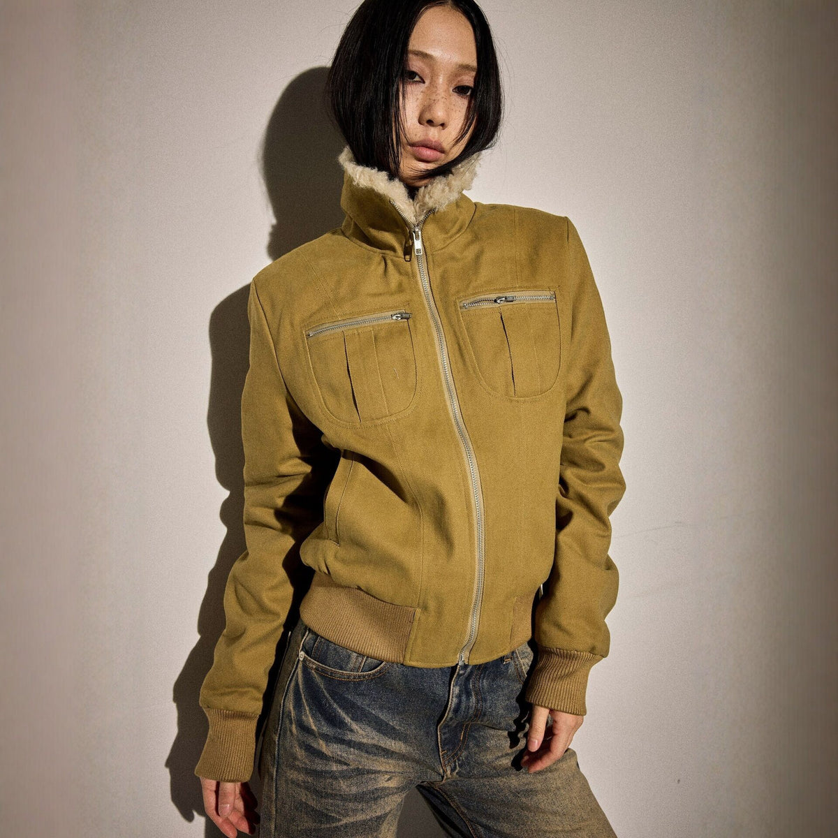 Pokiovo Fleece Collar Cropped Padded Jacket