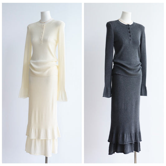 Wool Blend Henley Knit Top & Flounce Skirt Set | 3 Colors