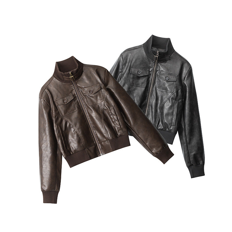 Glossy cropped chic PU jacket | 2 color