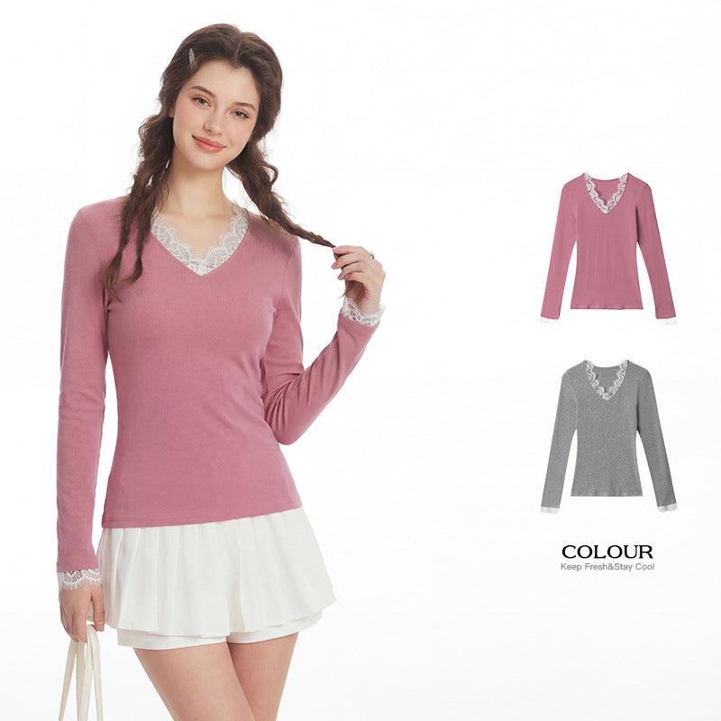 Lace hem V-neck T-shirt | 2 color