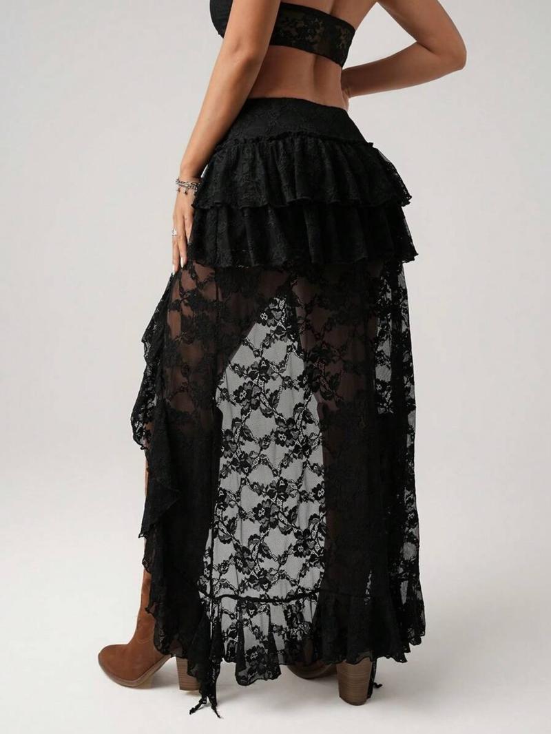Asymmetric Ruffle Lace Skirt