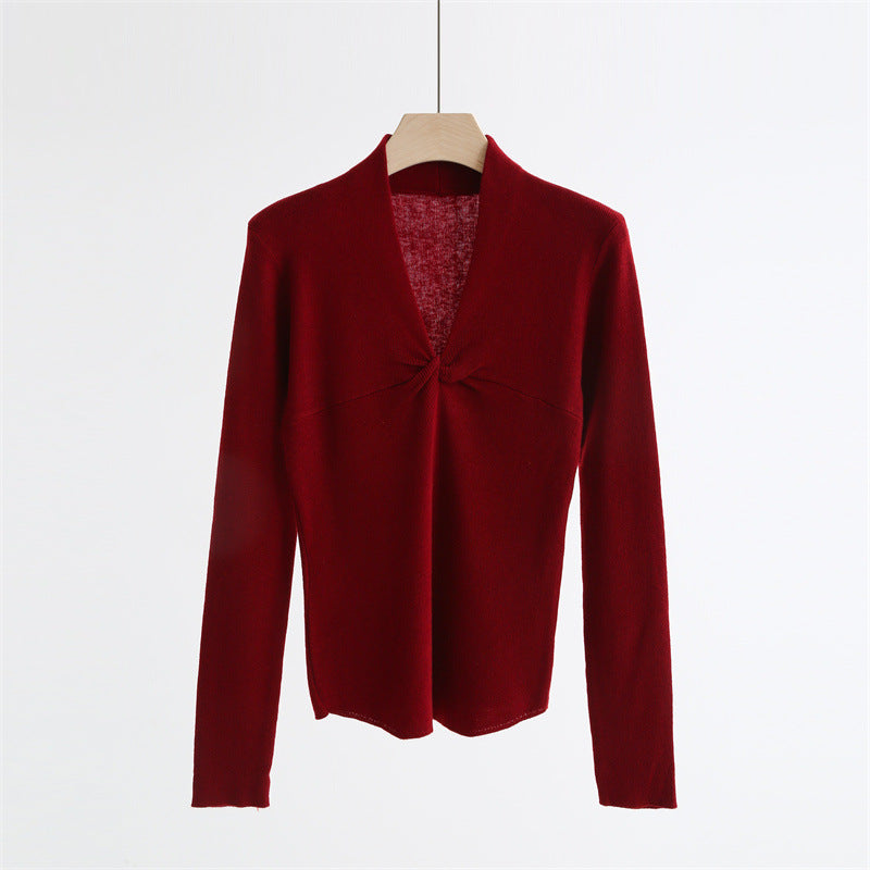 Twist-Front V-Neck Wool Blend Sweater