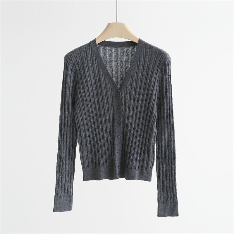 Textured V-Neck Wool Blend Cardigan