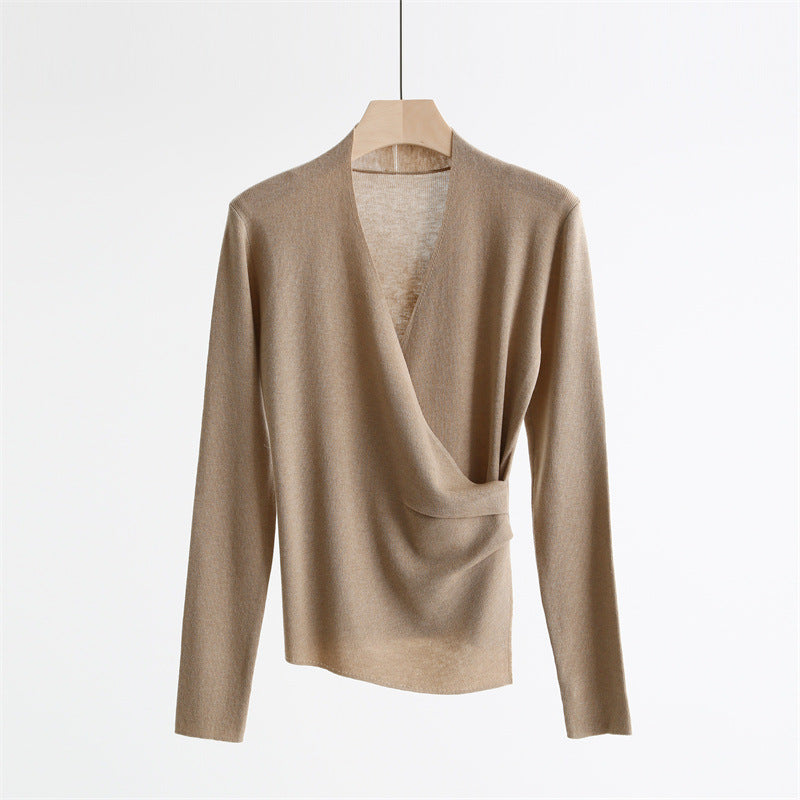 Wrap-Front Wool Blend V-Neck Sweater