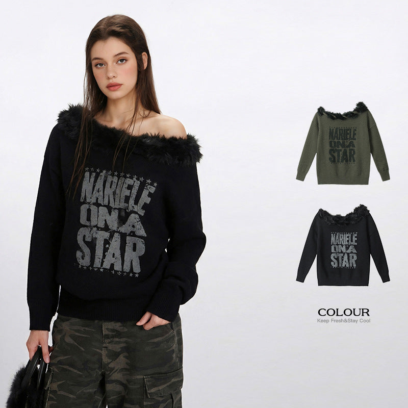 Off-shoulder fur collar knitwear | 2 color