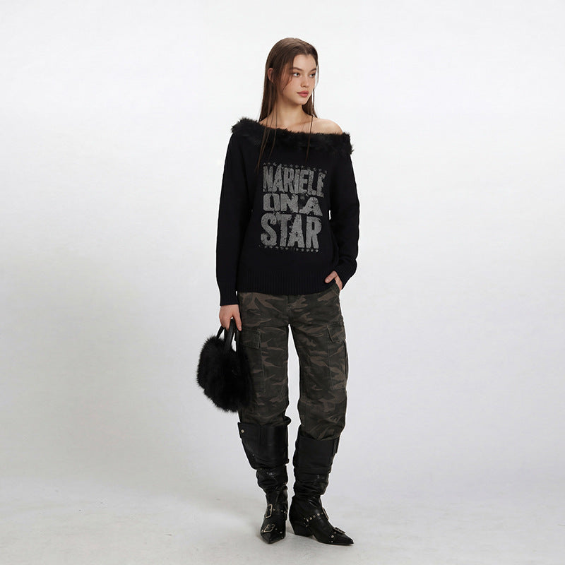 Off-shoulder fur collar knitwear | 2 color