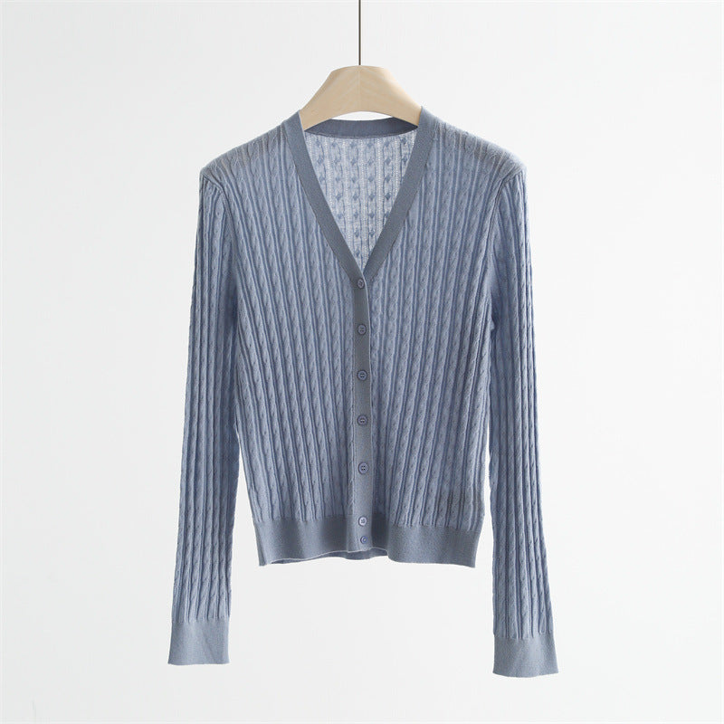 Textured V-Neck Wool Blend Cardigan