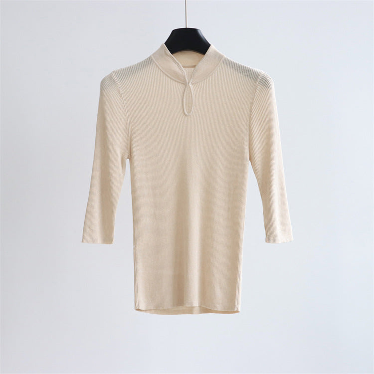 Top de punto con cuello mandarín y mezcla de seda – Detalle de botones retro, manga corta | 5 colores 