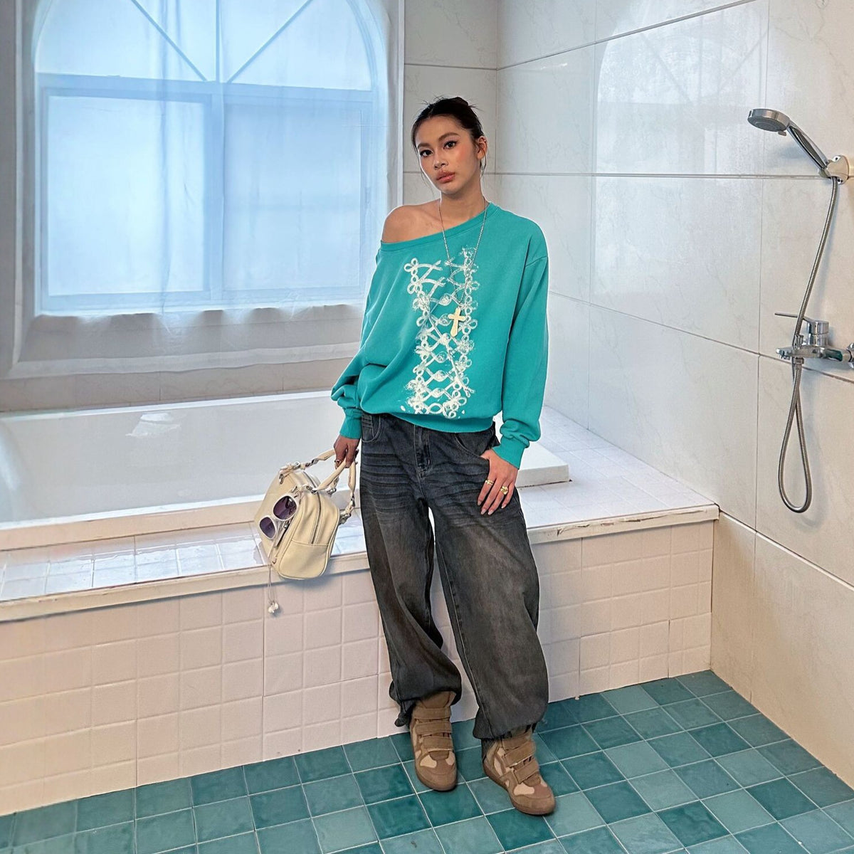 Pokiovo Off Shoulder Military Inspired Sweatshirt