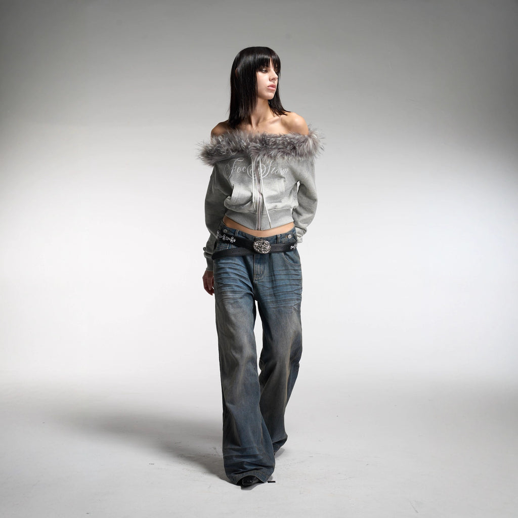 Pokiovo Off Shoulder Sweatshirt with Detachable Collar
