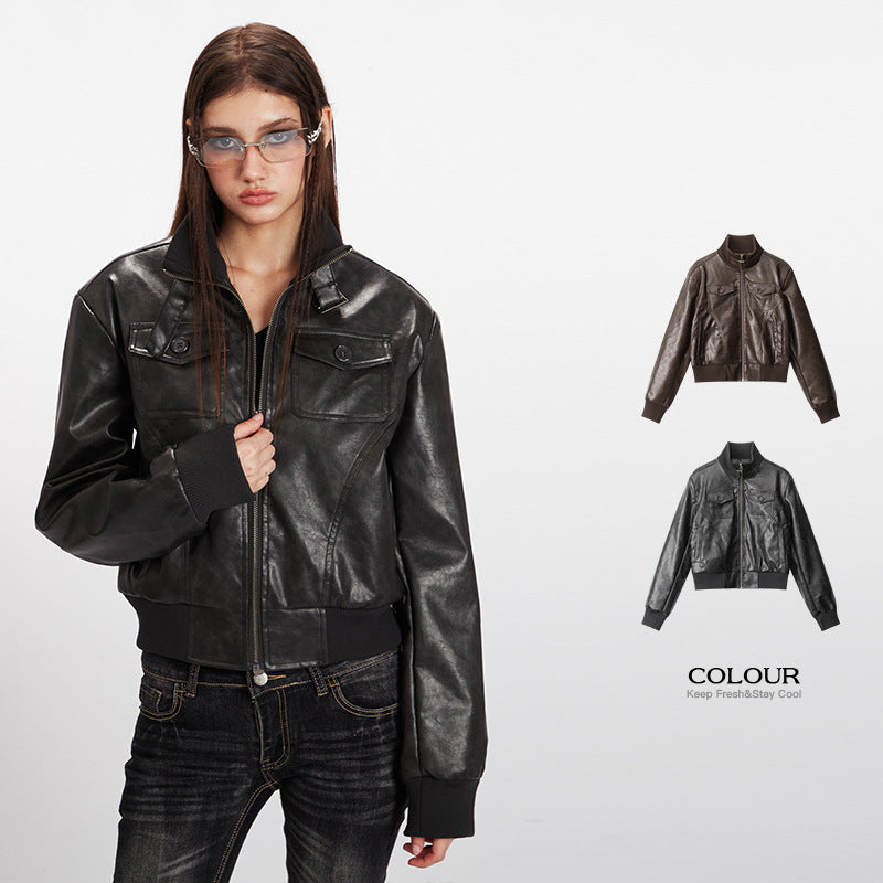 Glossy cropped chic PU jacket | 2 color