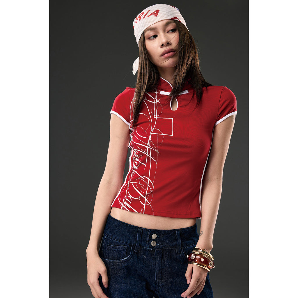 Pokiovo Mandarin Collar Cropped T-Shirt