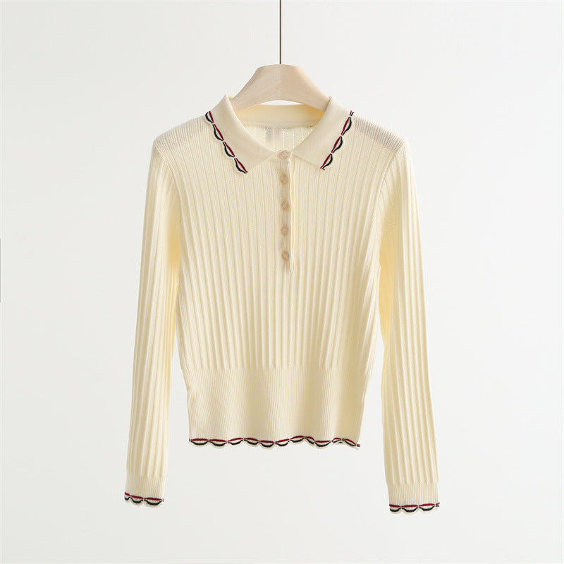 Wool Blend Polo Knit Top with Wave Trim