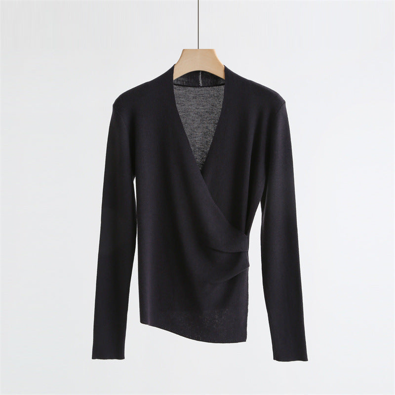 Wrap-Front Wool Blend V-Neck Sweater