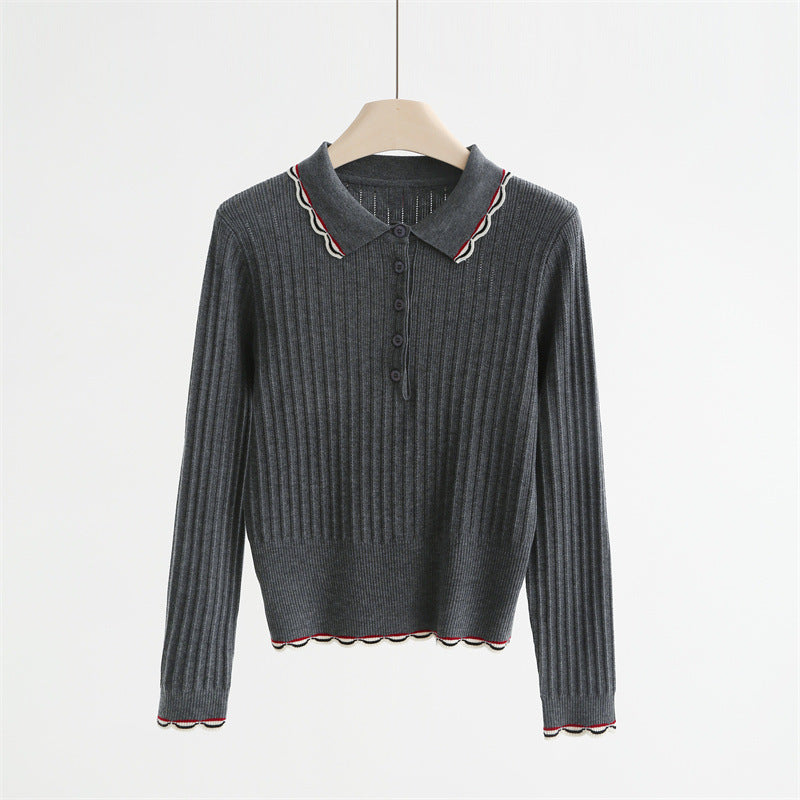 Wool Blend Polo Knit Top with Wave Trim