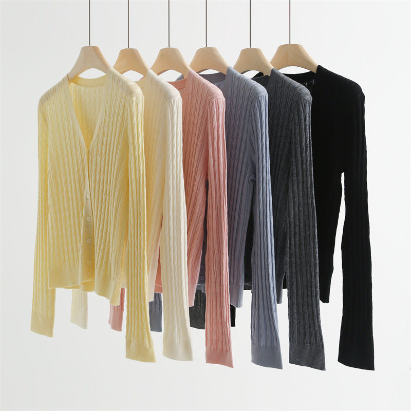 Textured V-Neck Wool Blend Cardigan