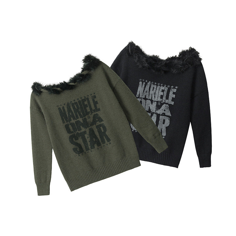 Off-shoulder fur collar knitwear | 2 color