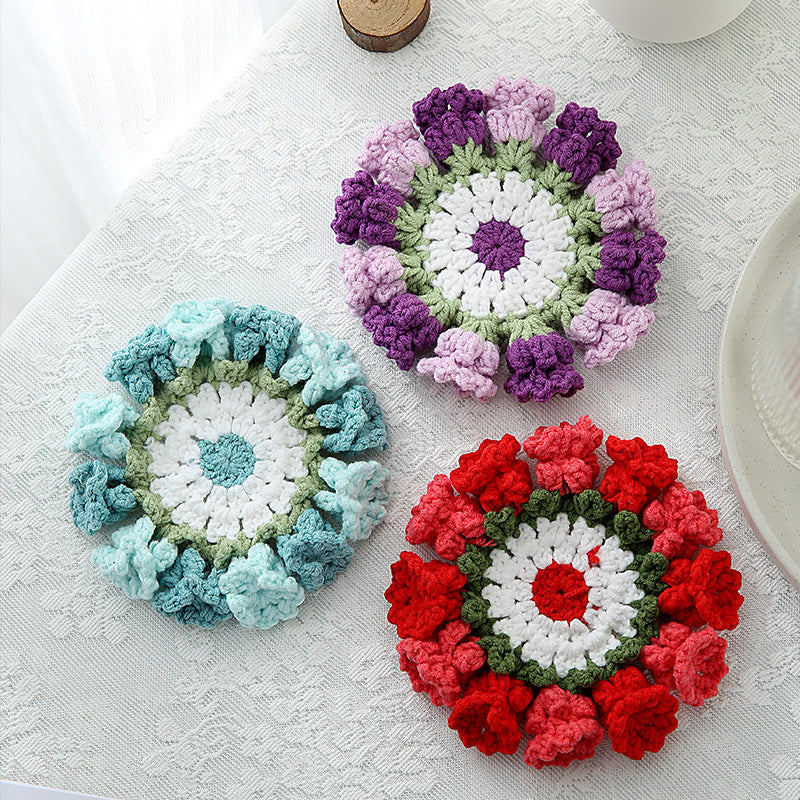 Hand-knitted Bell orchid coaster