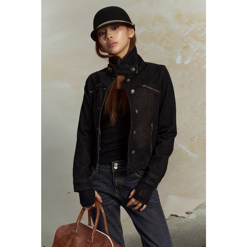 Pokiovo Structured Stand Collar Cropped Jacket