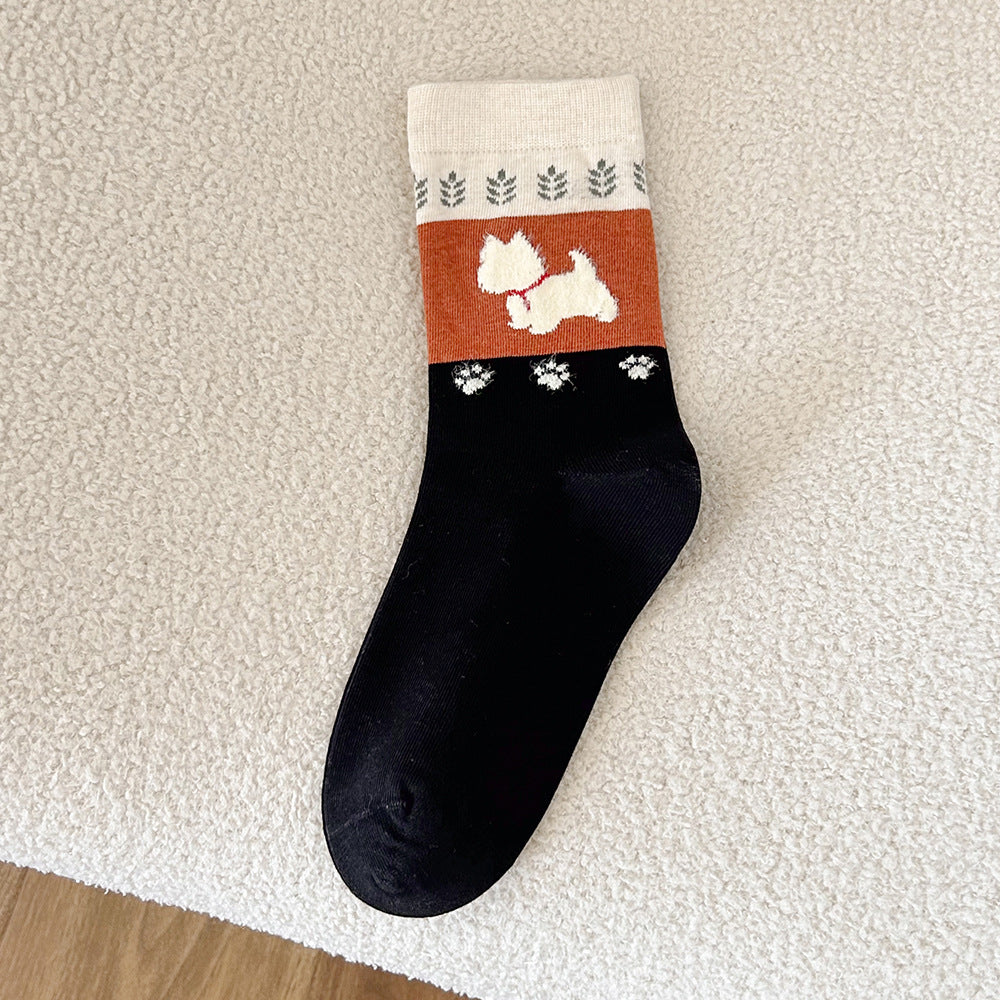 5-Pair Retro Dog Embroidery Crew Socks