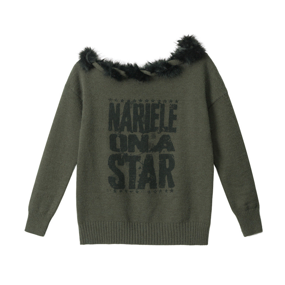Off-shoulder fur collar knitwear | 2 color