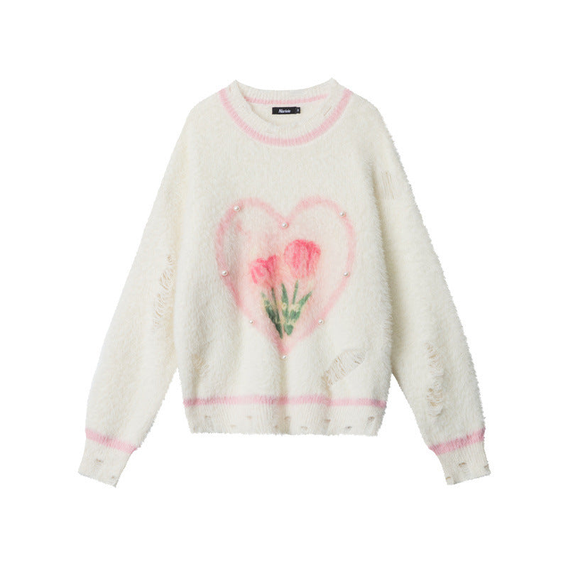 Heart-print loose sweater | 2 color