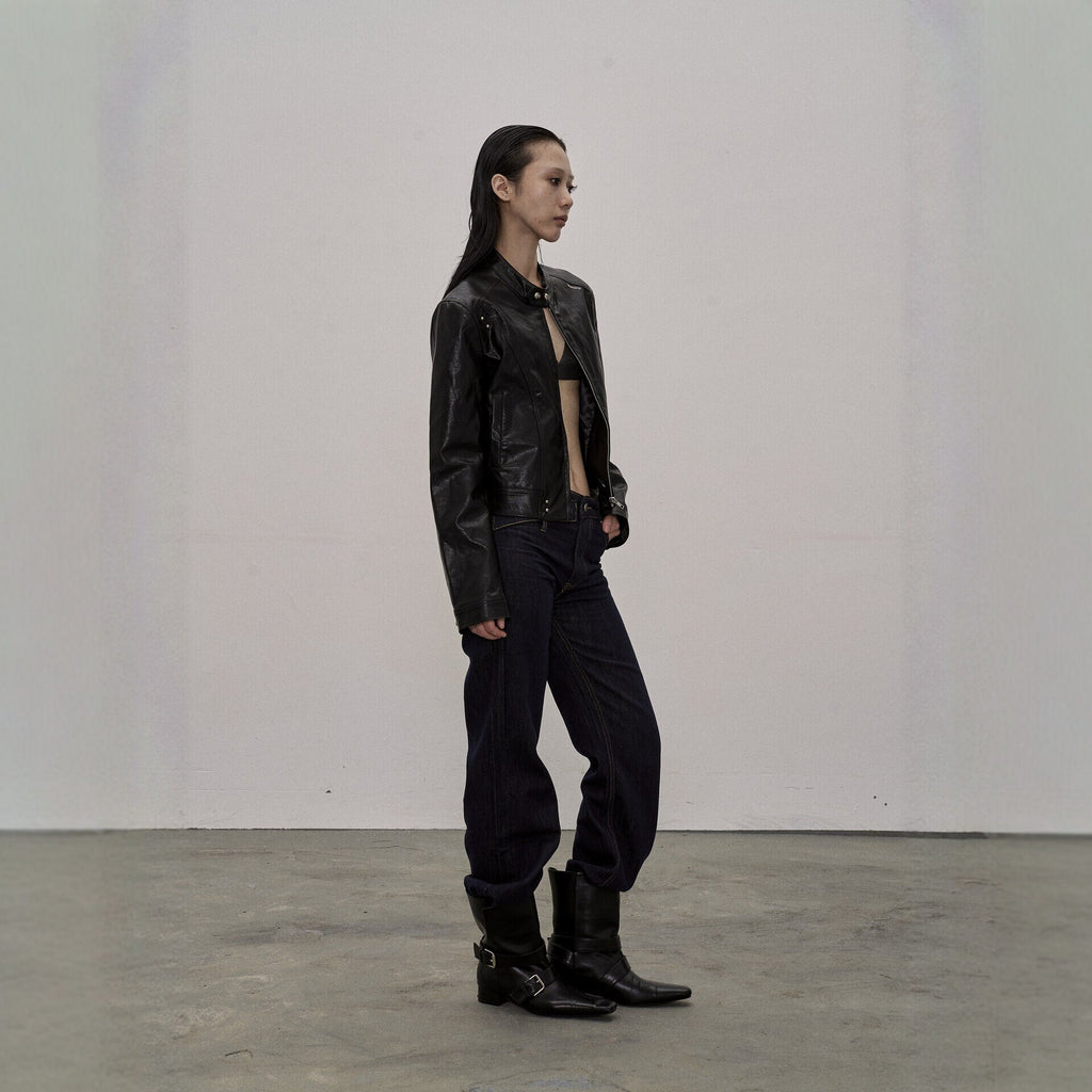 Pokiovo Stand Collar Faux Leather Biker Jacket