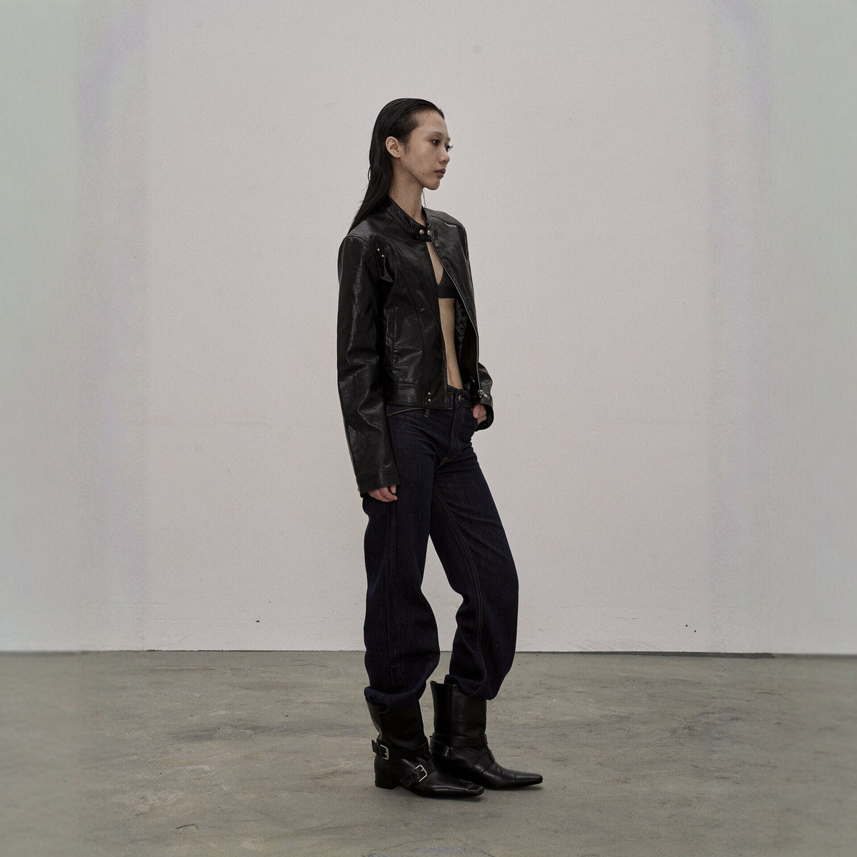Pokiovo Stand Collar Faux Leather Biker Jacket