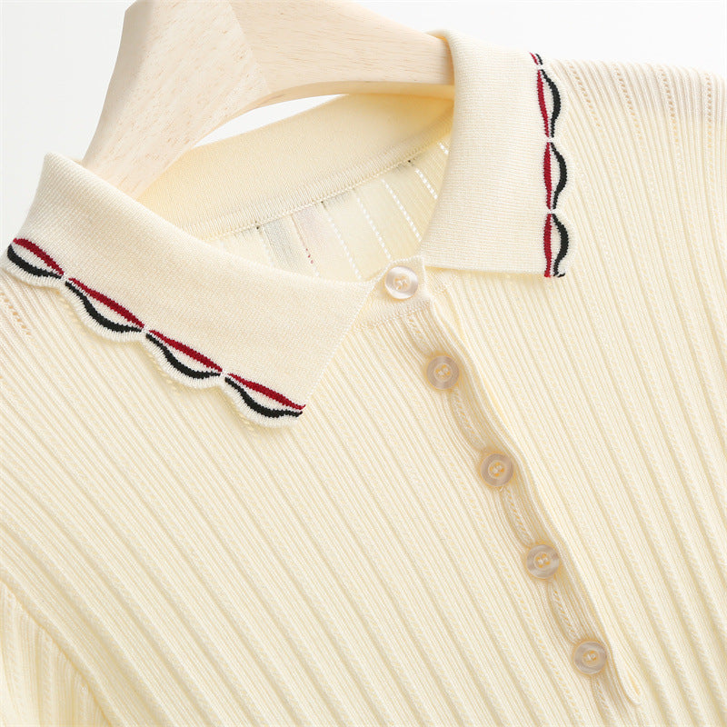 Wool Blend Polo Knit Top with Wave Trim