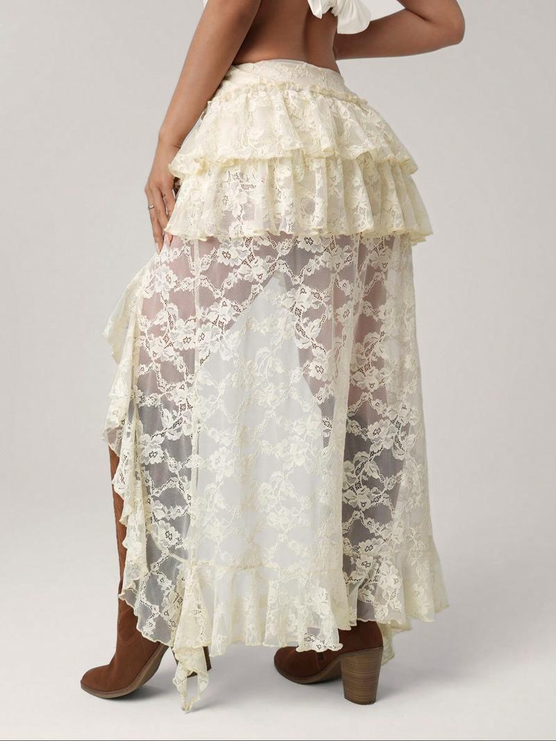 Asymmetric Ruffle Lace Skirt