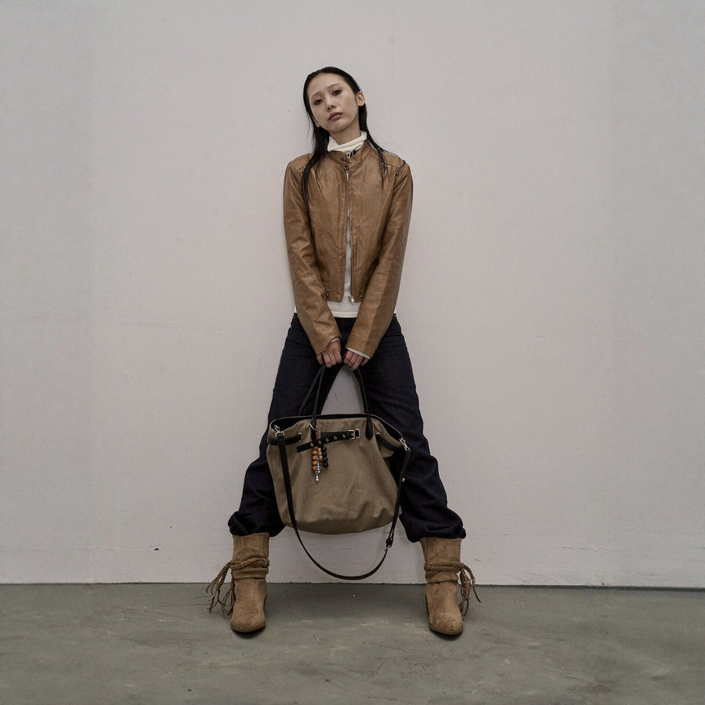 Pokiovo Stand Collar Faux Leather Biker Jacket