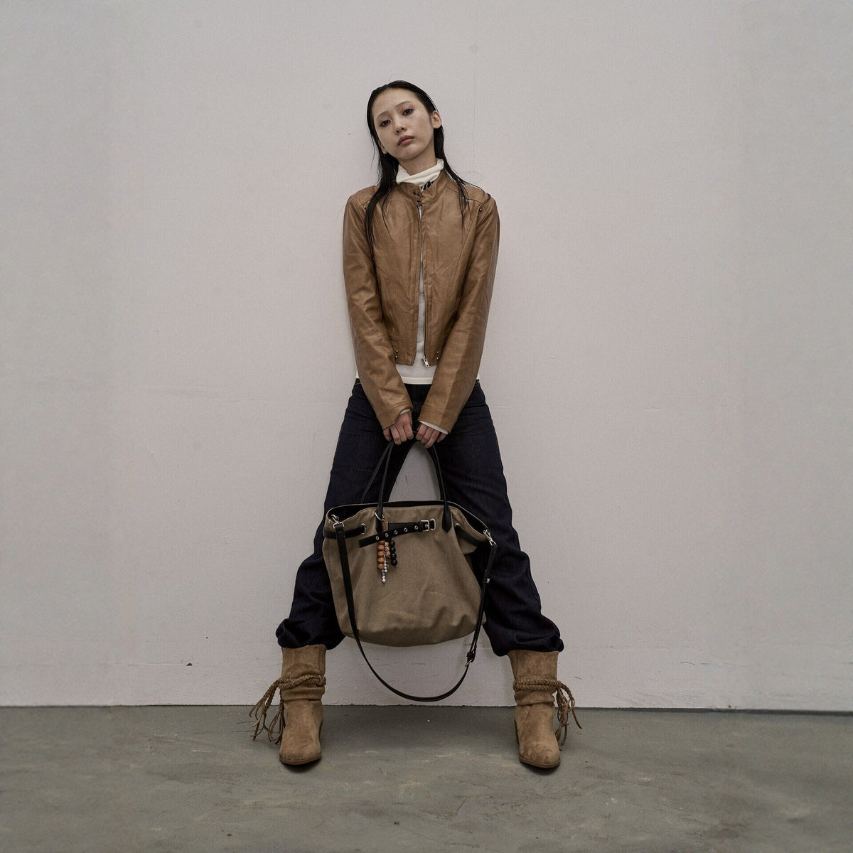 Pokiovo Stand Collar Faux Leather Biker Jacket