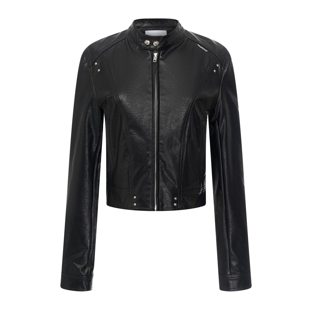 Pokiovo Stand Collar Faux Leather Biker Jacket