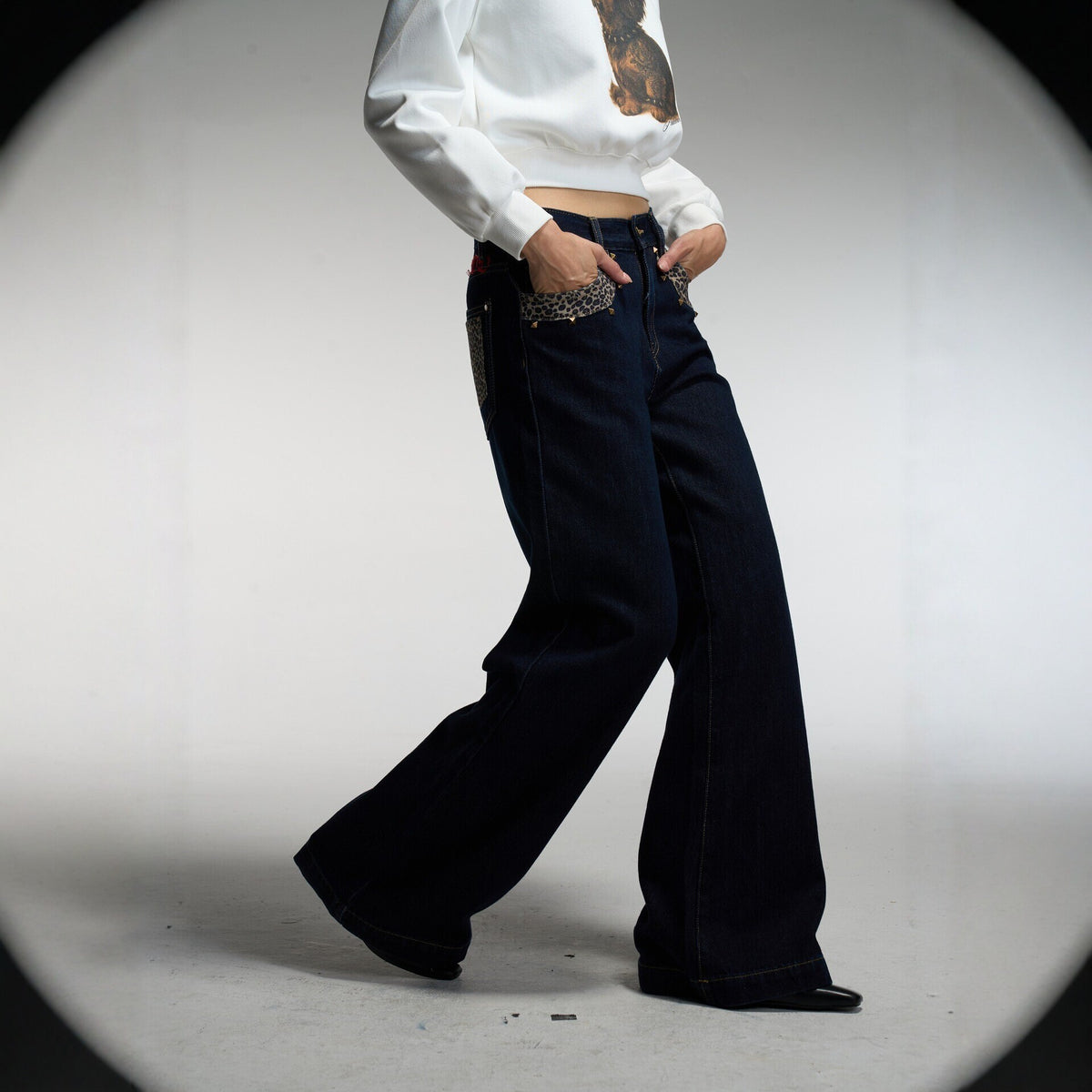 Focusstorm Leopard Print Wide Leg Jeans | Dark Blue