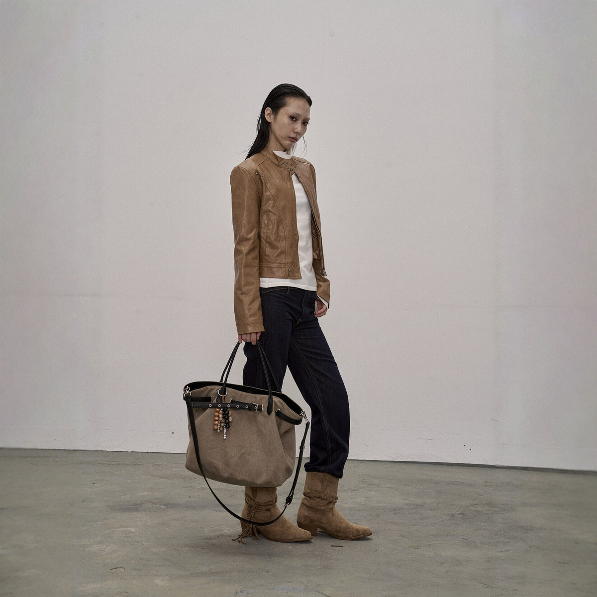 Pokiovo Stand Collar Faux Leather Biker Jacket
