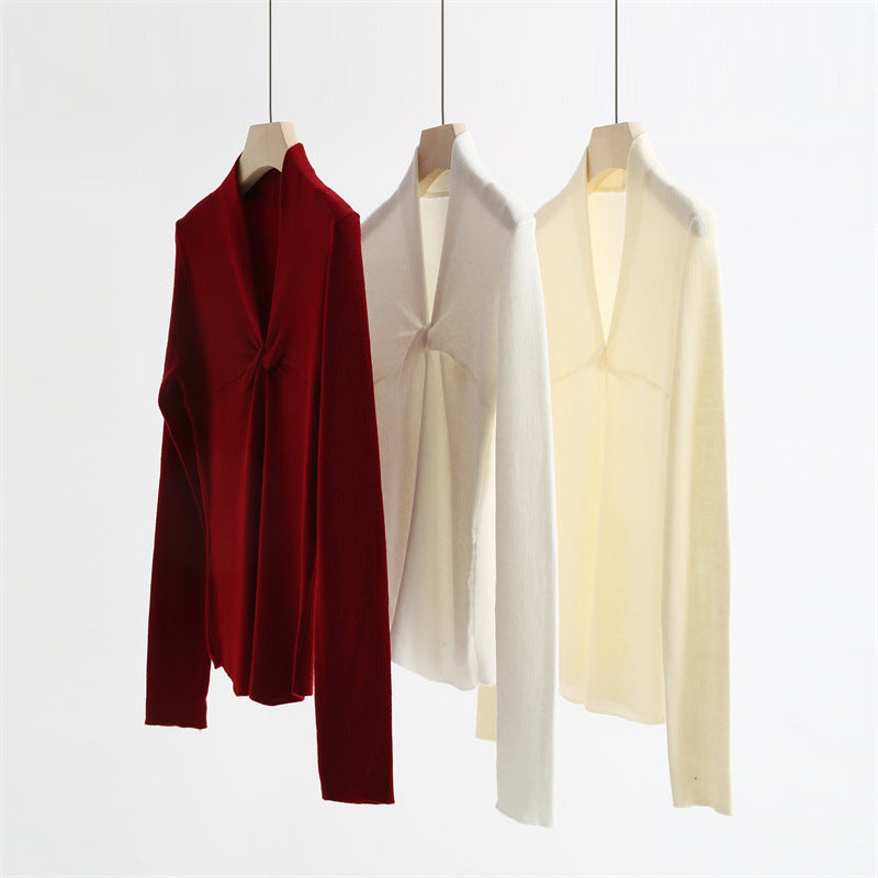 Twist-Front V-Neck Wool Blend Sweater