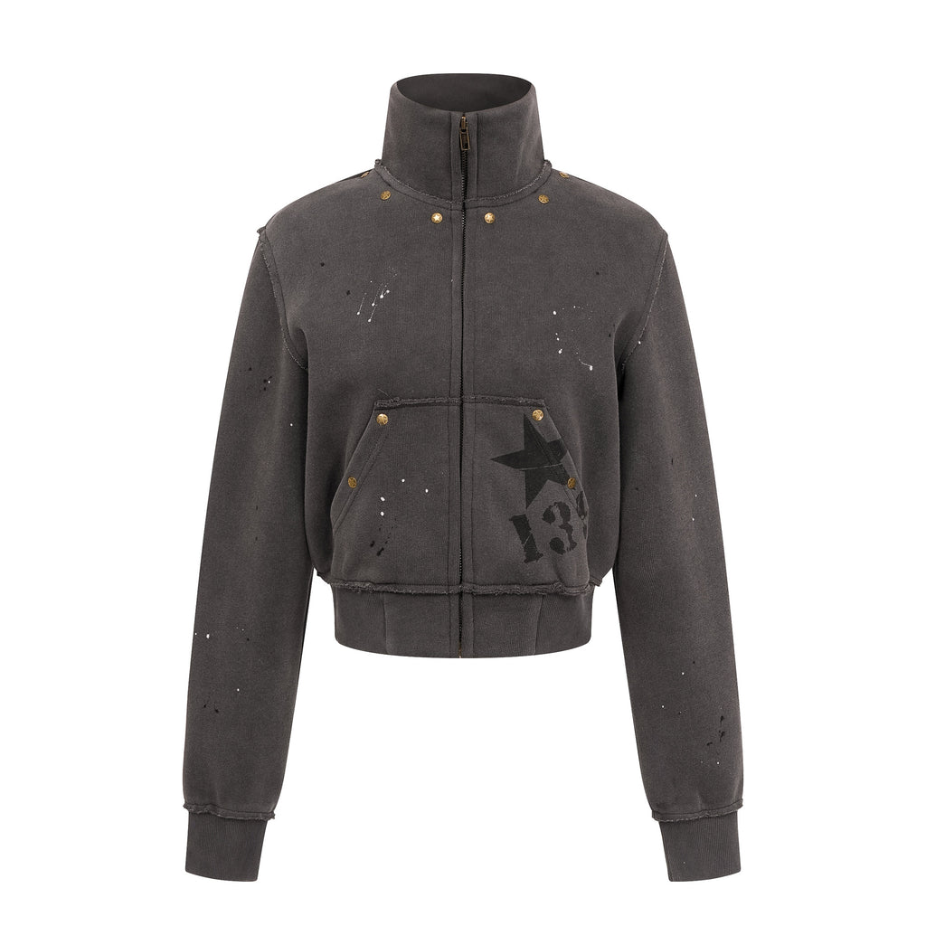 Pokiovo Studded Stand Collar Cropped Jacket