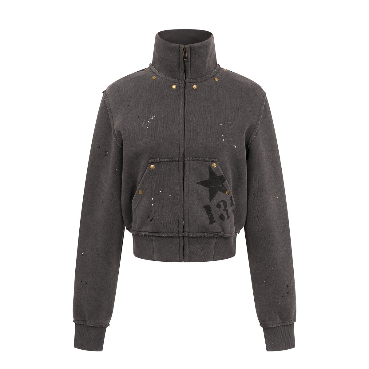 Pokiovo Studded Stand Collar Cropped Jacket