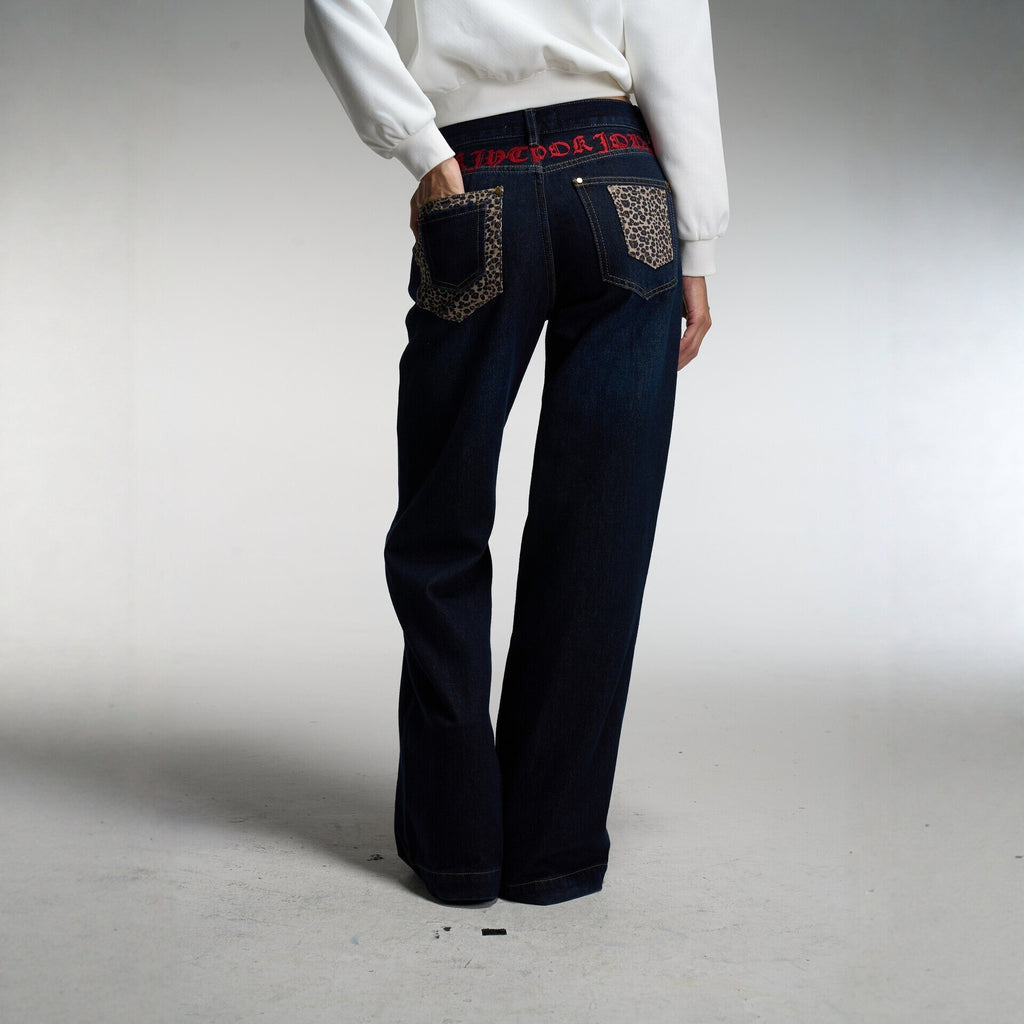 Focusstorm Leopard Print Wide Leg Jeans | Dark Blue