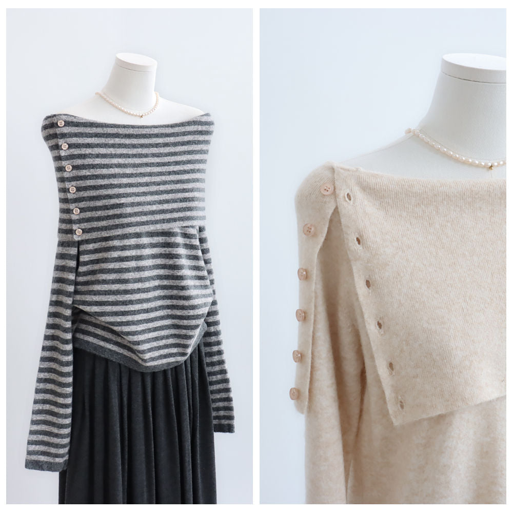 Wide Boat Neck Knit Top with Button Detail | 5 Colors