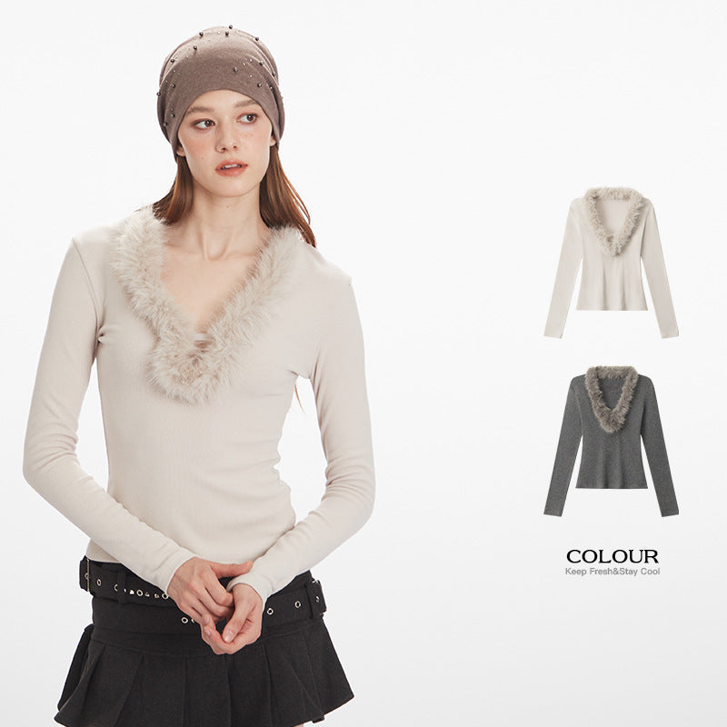 Hairy collar slim fit elastic top | 2 color