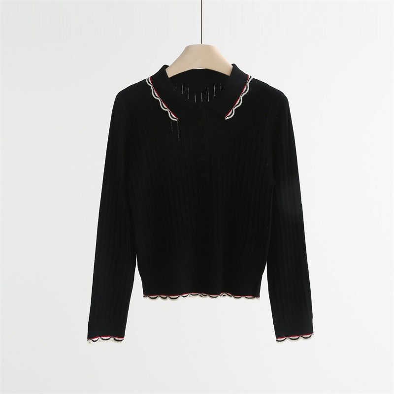 Wool Blend Polo Knit Top with Wave Trim