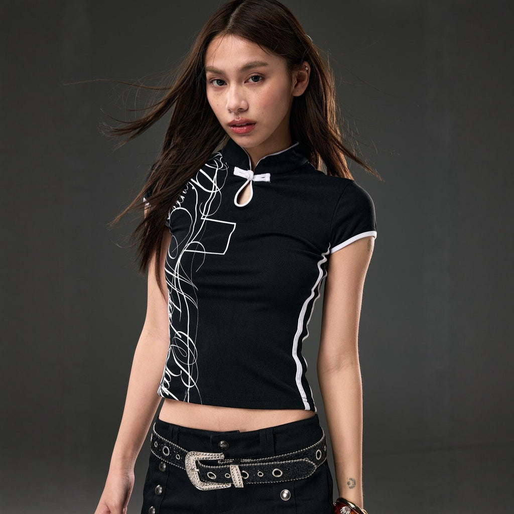 Pokiovo Mandarin Collar Cropped T-Shirt