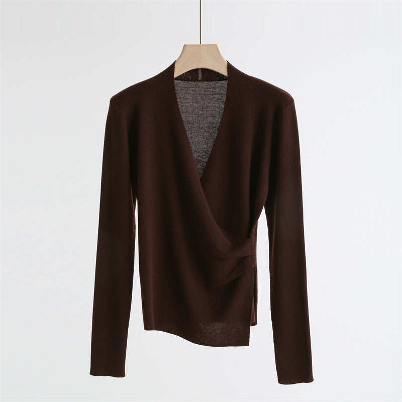 Wrap-Front Wool Blend V-Neck Sweater