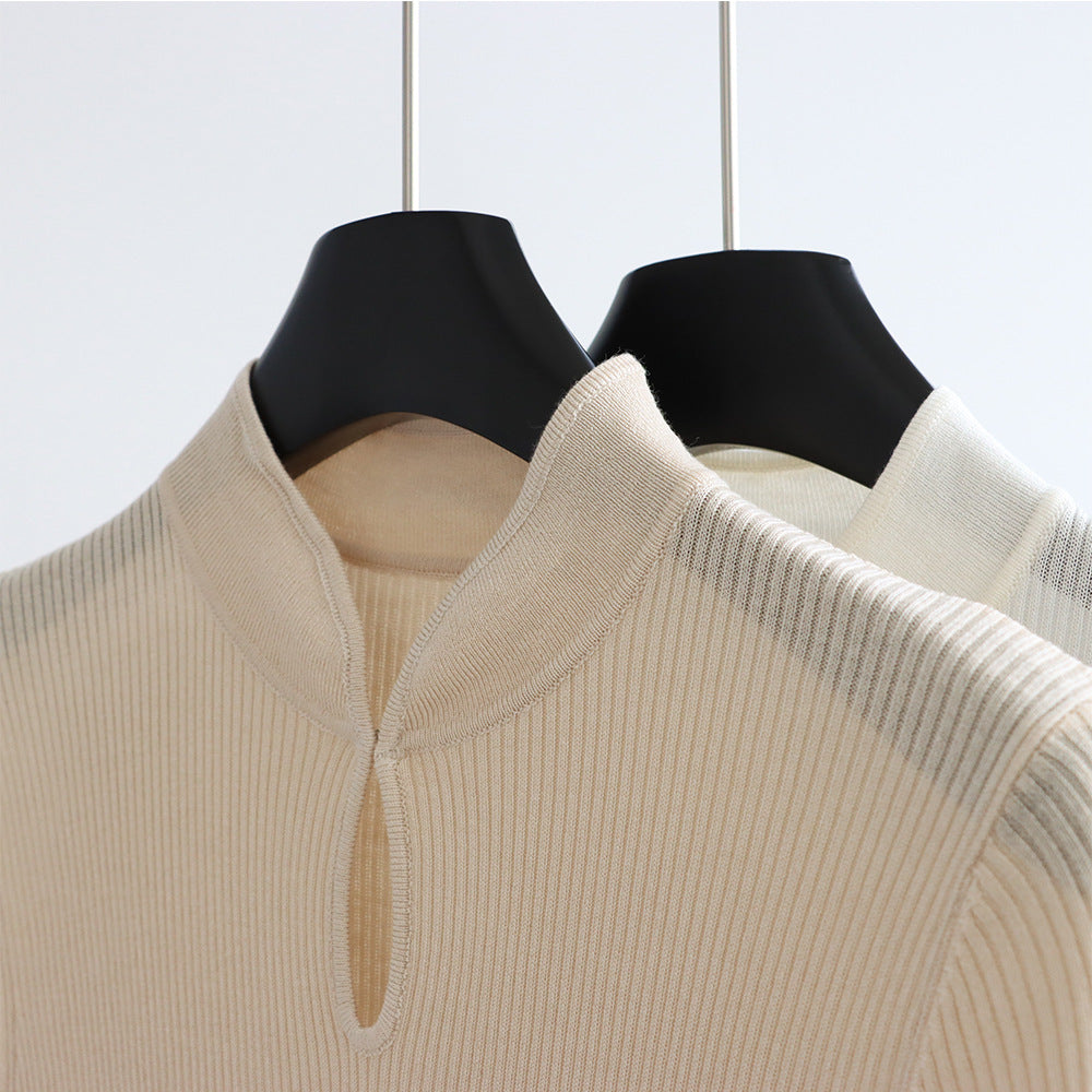 Top de punto con cuello mandarín y mezcla de seda – Detalle de botones retro, manga corta | 5 colores 