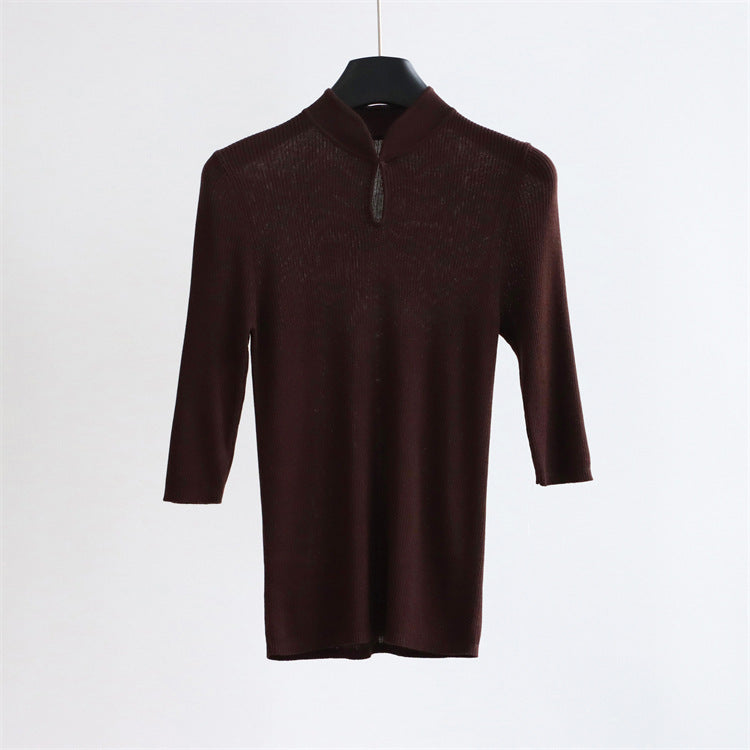 Top de punto con cuello mandarín y mezcla de seda – Detalle de botones retro, manga corta | 5 colores 